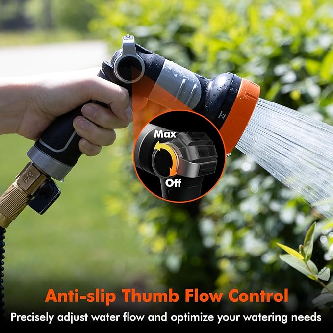 RESTMO 2-IN-1 Garden Hose Nozzle, Heavy Duty Metal Water Hose Nozzle with 4 Spray Patterns, Magic Twist and Thumb Flow Control, Ideal for Watering Plants & Lawns, Washing Cars & Pets, Orange