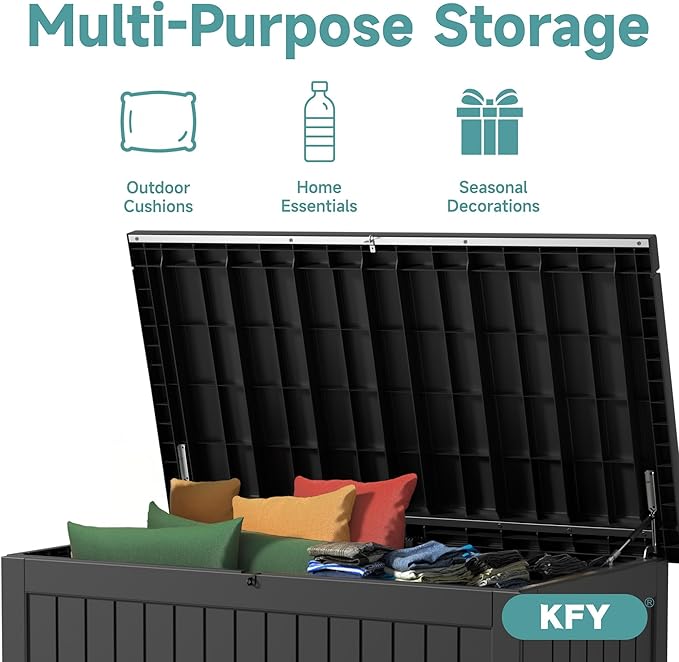 230 Gallon Waterproof Outdoor Storage Box, UV Resistant Resin Deck Box with Hydraulic Rod for Reinforced Stability, Perfect for Patio, Garden, and Pool, Striped Black