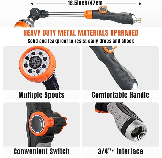 Metal Garden Hose Wand,15 Inch Adjustable Watering Wand with 8 Spray Patterns,180° Rotating Long Garden Hose Nozzle Sprayer with Thumb Flow Control for Plants, Lawn, Car Washing and Irrigation