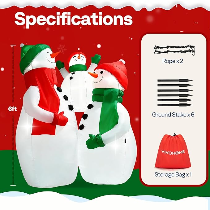VIVOHOME 6FT Christmas Inflatable Outdoor Decoration, Snowman Family Hug, Navidad Blow Up Yard Decor with Built-in LED Light for Lawn, Garden, Party