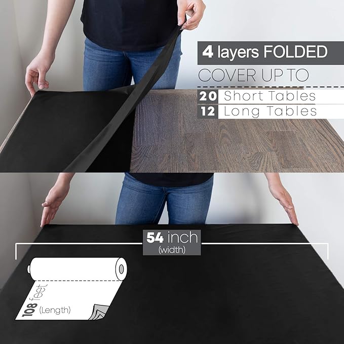 Neatiffy Disposable Plastic Table Cloth Roll | 54 in x 108 Ft Waterproof Tablecloth | Table Cover for Rectangle, Square, Round Oval Tables | Picnic, Party, Banquet, Birthdays, Weddings - Black