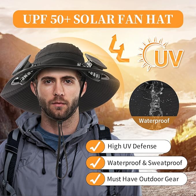 Solar Powered Fan Hat with 2 Removable Fans Wide Brim Sun Hat for Outdoor Fishing, Hiking Gardening, USB Solar Charging
