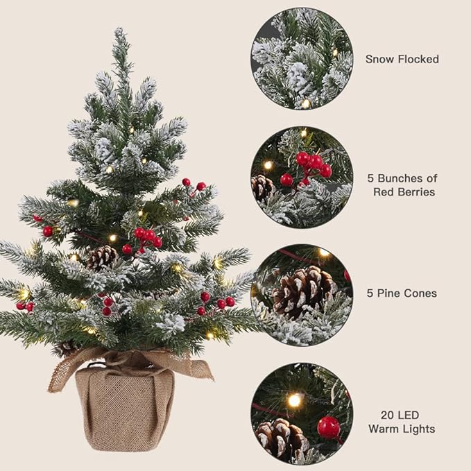 24 Inch 2 FT Pre-lit Snowy Mini Christmas Tree, DECSPAS Small Tabletop Flocked Christmas Tree with 20 LED Lights Red Berries Pine Cones and Cloth Bag Base Xmas Decorations for Holiday Party (Color B)
