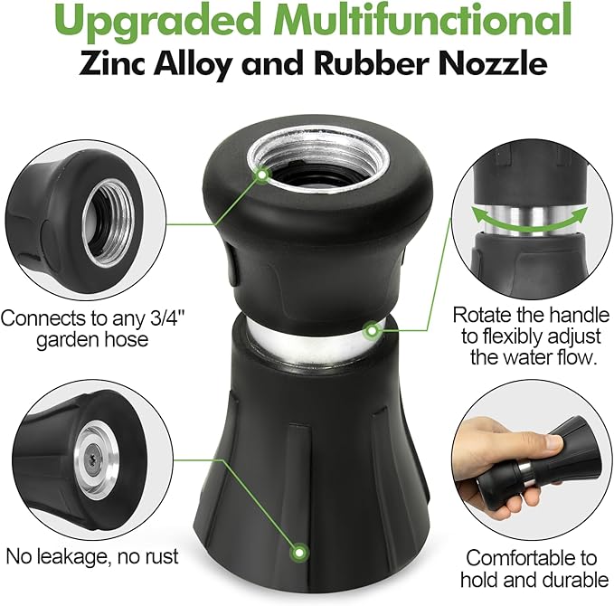 SPECILITE 3/4" Garden Hose 50 ft with High Flow Nozzle, Heavy Duty Flexible Hybrid Rubber Water Hose for Outdoor, Lightweight, Leak-Proof, No-Kink, 3/4"Brass Fittings,Black