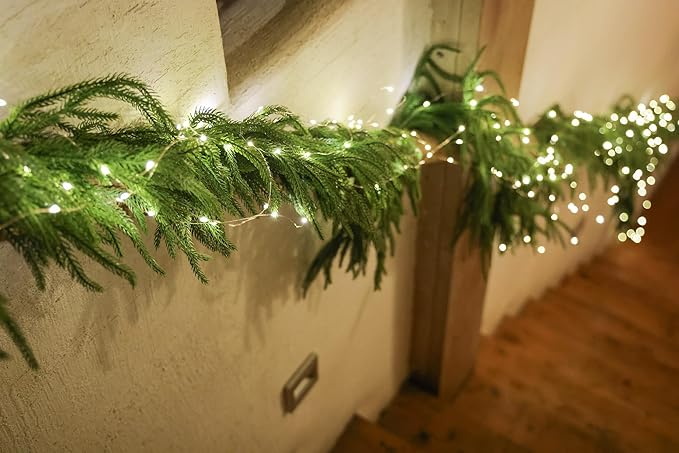 MISSPIN 14ft Christmas Garland with Lights, Real Touch Norfolk Pine Garland, Green Artificial Greenery Garland for Table, Mantle, Wall, Indoor, Outdoor Christmas Decorations