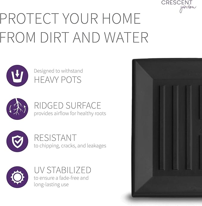 Crescent Garden Universal Square Plant Saucer, Modern UV Safe Durable Drip Tray for Square Planter, Heavy-Duty Plastic Drainage Dish, Indoor/Outdoor Flowerpot Saucer- 13'' inner x 16.75" outer (Black)