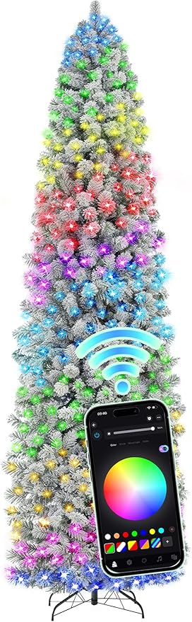 HOLLO STAR 9 ft Flocked Prelit Christmas Tree with 546 LED Lights, App Control, Skinny Artificial Pencil Christmas Tree, Multi-Color RGBW Lights, 1294 Branch Tips, for Small Space, Home, Party