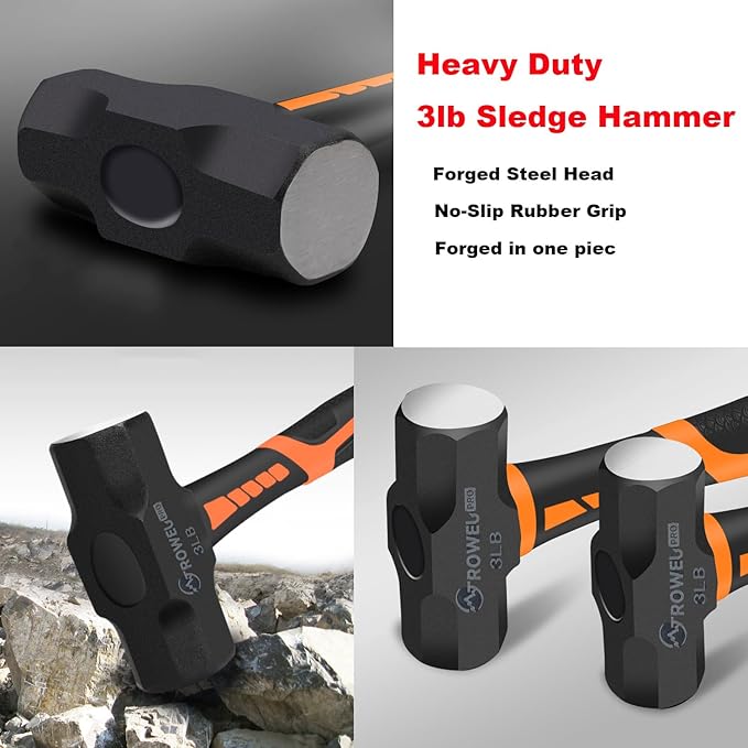 2 Pack 3lb Sledge hammer with 12.8 Inch Shock-Resistant Fiberglass Handle,Heavy Duty Drilling Crack Hammer with Forged Steel Head