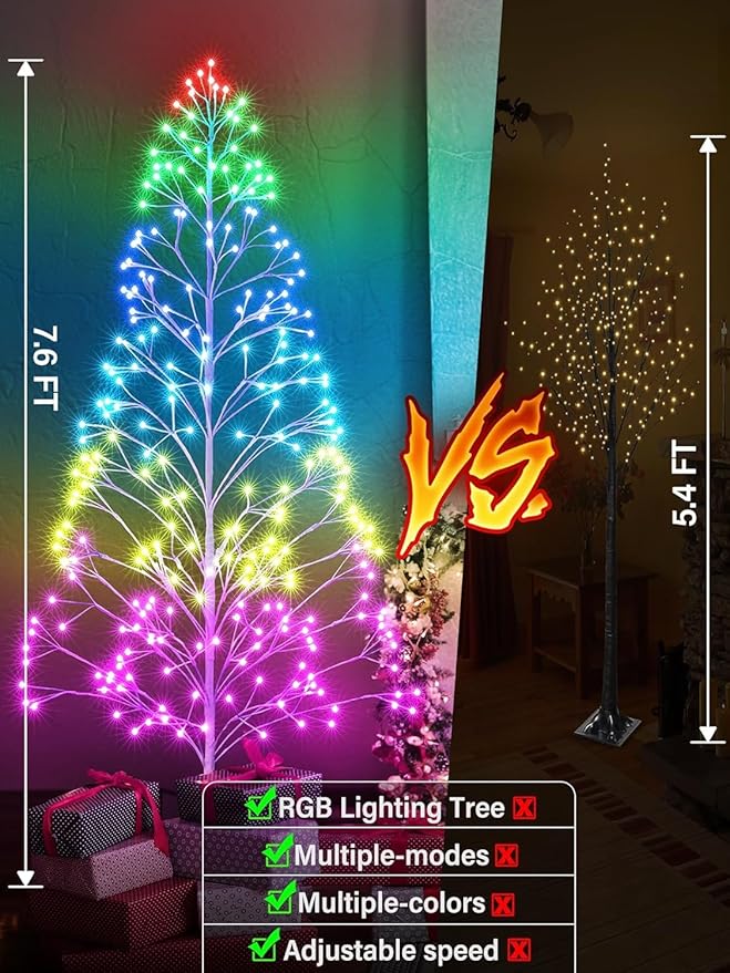 Joomer Christmas Tree Lights,7.6FT 336 LED Birch Tree with Lights Artificial Twig Light with Remote Control Timer Outdoor RGB Light for Christmas Decoration