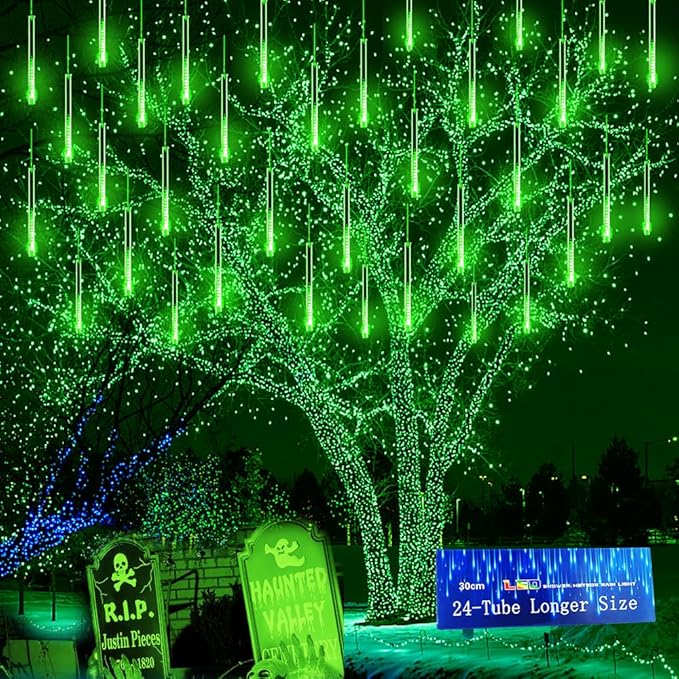 Kwaiffeo Green Christmas Lights, 24 Tubes Meteor Shower Lights(Equivalent to 3 Sets of 8-Tube) for Halloween Christmas Decorations Outdoor, Green Lights for Xmas St. Patrick's Day Party Tree, UL Plug