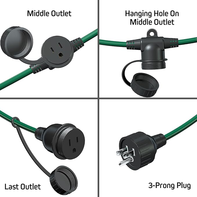 50FT Green Outdoor Extension Cord, Evenly Spaced 6 Outlets Plugs with Waterproof Cover, 16/3 SJTW Weatherproof Multiple Outlets Wire for Holiday Light and Halloween Christmas Decoration, ETL Listed