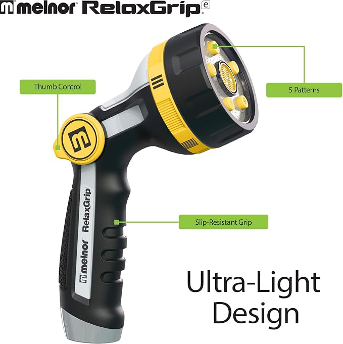 Melnor 65130AMZ RelaxGrip Thumb Control 5 Pattern w/Adpt Nozzle Bundle, QuickConnect Product Adapter, Black, Yellow