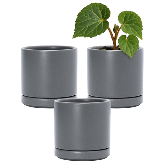 D'vine Dev Set of 3 Plants Pots, 3.5 Inch Ceramic Planter Pot for Plants with Drainage Hole and Saucer, Speckled Grey, 94-N-A-3