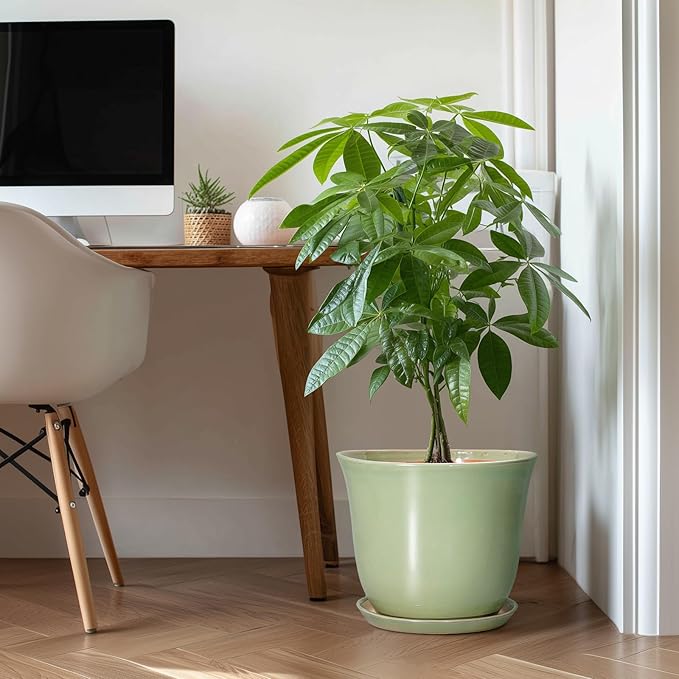 Ceramic Planter - 12 Inch Plant Pot for Indoor Outdoor, Round Planter with Drainage Hole and Saucer, Large Plant Pot, Modern Flower Pots, Home Garden Apartment Decor, Gardening Gifts, Green