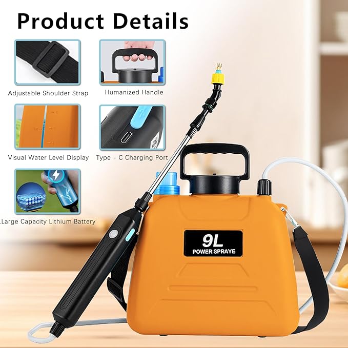 2.4 Gallon Battery Powered Sprayer, Electric Battery Operated Sprayer, Weed Power Sprayers in Lawn and Garden with Adjustable Shoulder Strap and Rechargeable Handle, 3 Mist Nozzles (Orange)