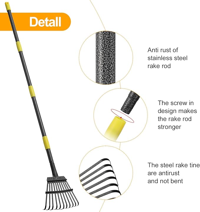 73" Leaf Rake- 11 Metal Tines 8.5" Wide- Small Leaves Rakes for Gardening- Adjustable Metal Leaf Rake for Picking Leaves Yard Women Kids Gardening RV Camping