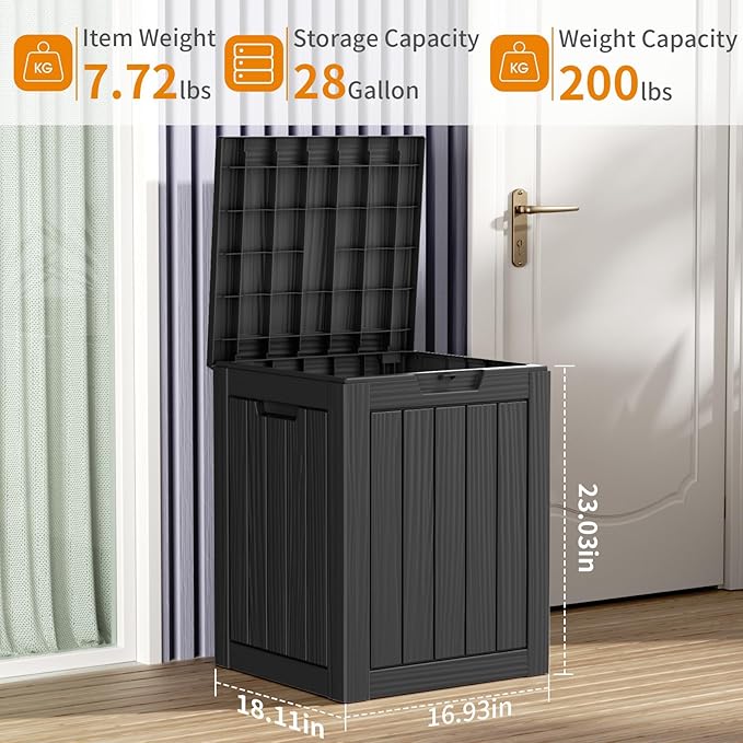 DRATO Deck Boxes, 28 Gallon Outdoor Storage Box for Patio Cushion, Garden Tools, Waterproof and UV Resistant, Lockable Black