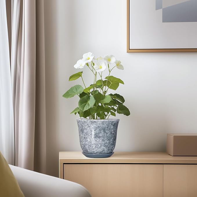 Ceramic Planter - 6 Inch Plant Pot for Indoor Outdoor, Small Plant Pots with Drainage Hole and Saucer, Modern Round Planter, Succulent Orchid Pot, Home Room Decor, Birthday Gifts, Grey