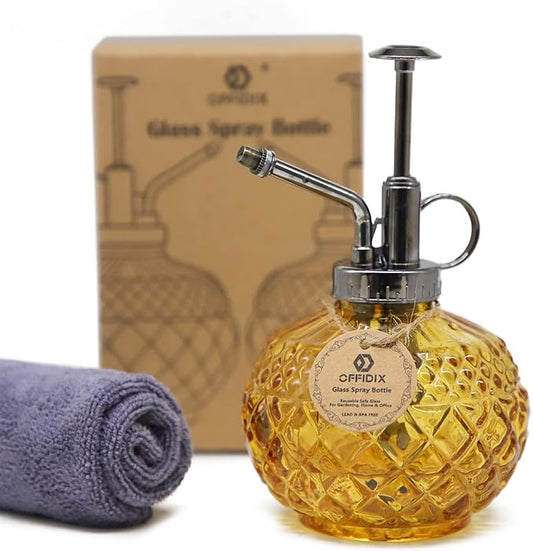 OFFIDIX Vintage Glass Spray Bottle, 300ML Plant Mister with Plastic Top Pump, Garden Sprayer, Cleaning (Brown)