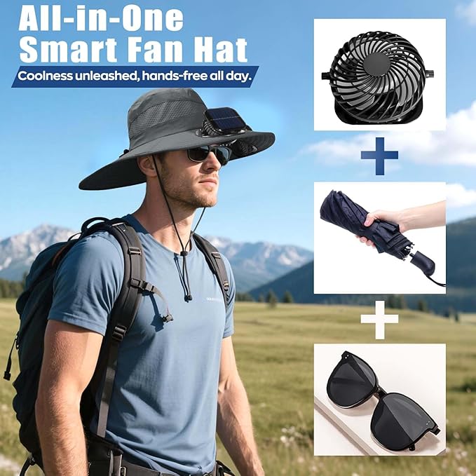 Solar Fan Hat for Men Women - Wide Brim Solar Fan Outdoor Fishing Hat with 2 Removable Fans