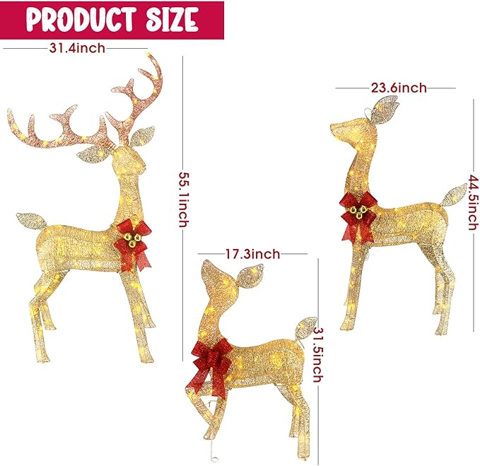 Outdoor Christmas Reindeer with Lights, 4ft Tall Set of 3 Deer with 240 LEDs, Ground Stakes, Perfect as Vintage Christmas Home Decor for Patio, Lawn, and Outdoor Party Decorations, Gold