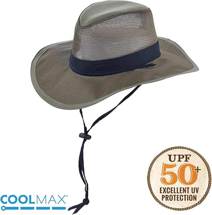 Mesh Crown Safari Men's Sun Hat, 3" Brim, Adjustable Chin Cord, UPF (SPF) 50+ Sunhat Protection