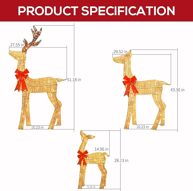 Hykolity 4.5 FT 3D Lighted Outdoor Christmas Deer Family Set, 3- Piece Christmas Reindeers with 230 Warm White LED Lights, Yard Decoration with Stakes, Zip Ties, Gold