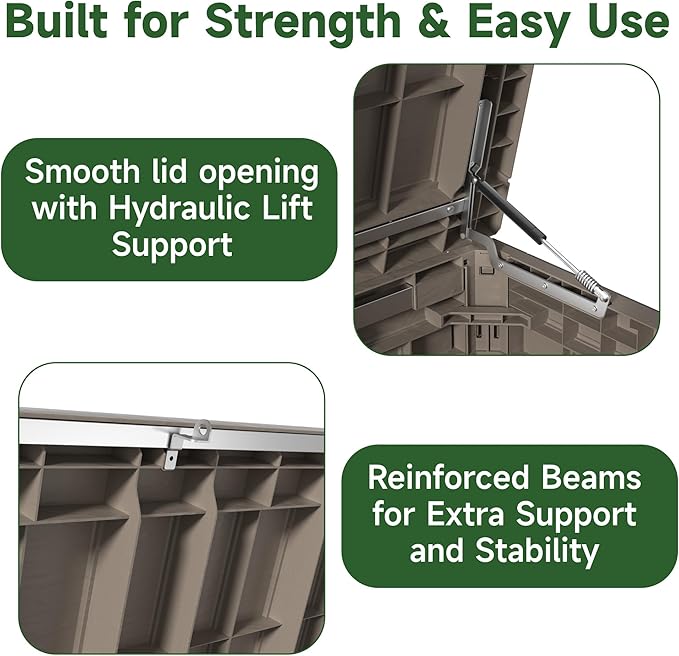 EasyUp 260 Gallon Deck Box Waterproof, UV Resistant Resin Outdoor Storage Box with Hydraulic Rod, Lockable Design and Enhanced Durability for Patio, Garden, and Poolside Use