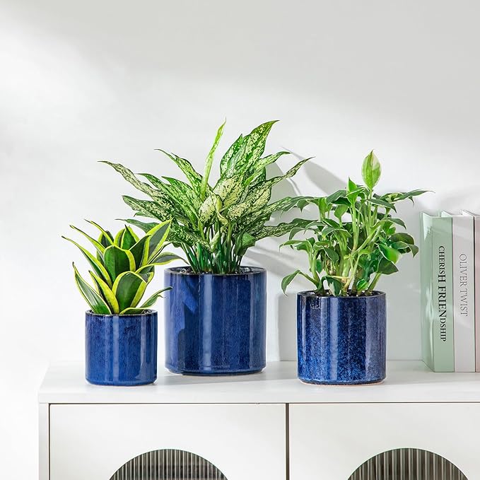 vancasso Ceramic Plant Pots, 4.25+5.25+6.25 Inch Planter Pot with Drainage Hole, Flower Pots for Indoor Outdoor Plants, Set of 3, Blue