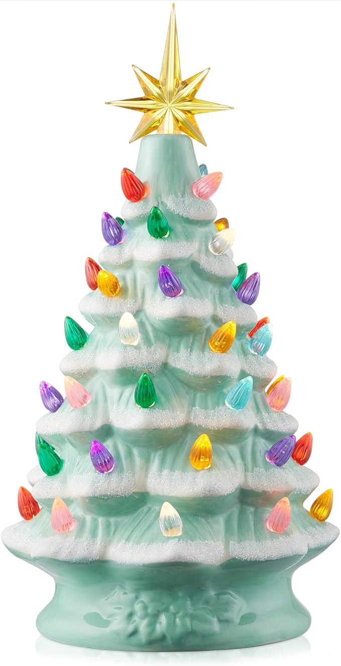 Casafield Hand Painted Ceramic Christmas Tree, Seafoam Snow Flocked 12-Inch Pre-Lit Tree with 100 Multi Color Lights and 2 Star Toppers