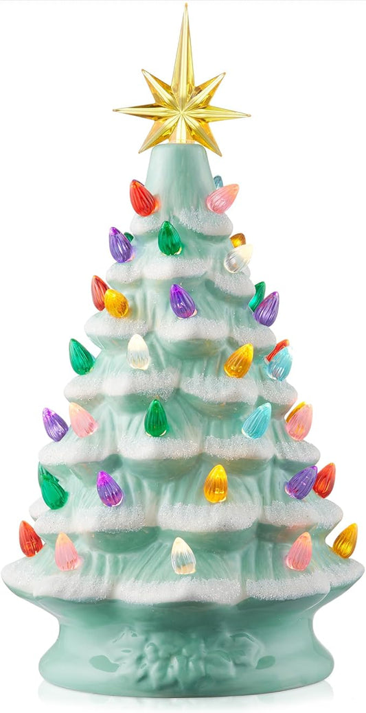 Casafield Hand Painted Ceramic Christmas Tree, Seafoam Snow Flocked 12-Inch Pre-Lit Tree with 100 Multi Color Lights and 2 Star Toppers
