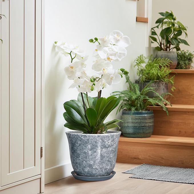 Ceramic Pots for Plants - 10 Inch Planter with Drainage Hole and Saucer, Round Plant Pot for Indoor Outdoor, Decorative Flower Pot, Modern Planter, Garden Decor, Gifts for Plant Lover, Grey