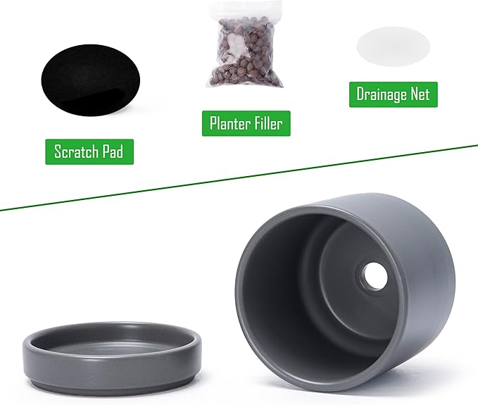 D'vine Dev Set of 3 Plants Pots, 3.5 Inch Ceramic Planter Pot for Plants with Drainage Hole and Saucer, Speckled Grey, 94-N-A-3