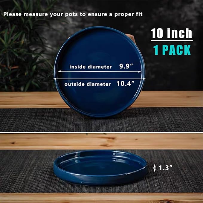 Ceramic Plant Saucer Pot Tray 10 Inch, Blue Planter Saucers 5 7 9 10 12 Inch for Indoors Outdoor, Flower Pot Saucers for Holding Water Drips and Soil