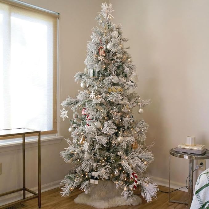 Fraser Hill Farm 4.0-Foot Pre-Lit Snowy Pine Flocked Slim Christmas Tree, Warm White LED Lights