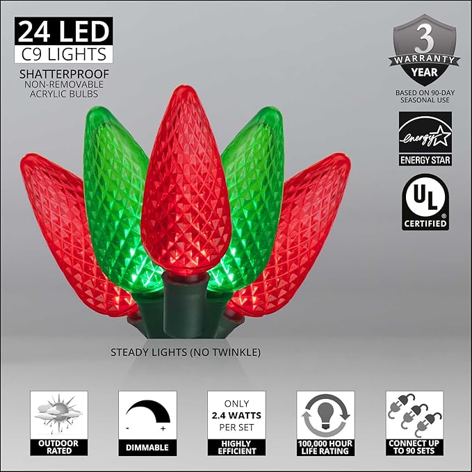 Wintergreen C9 Red and Green Christmas Lights - Set of 24, 16.3 Ft LED String Lights, Indoor-Outdoor