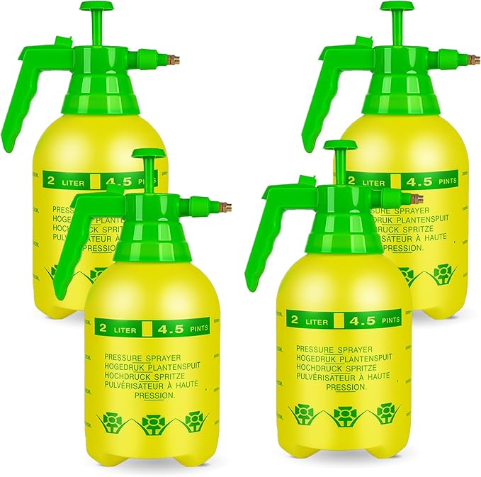 4 Pcs 1/2 Gallon Plastic Handheld Pump Sprayer – Garden Pressure Sprayer Bottle with Adjustable Nozzle for Plants, Cleaning, Household Tasks – White & Yellow