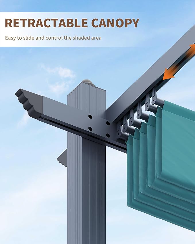 Garvee 10x10 Ft Outdoor Pergola with Retractable Canopy & Side Mesh Screen Gray Post Patio Gazebo for Garden Backyard Deck Lawns Porch(Blue+White)