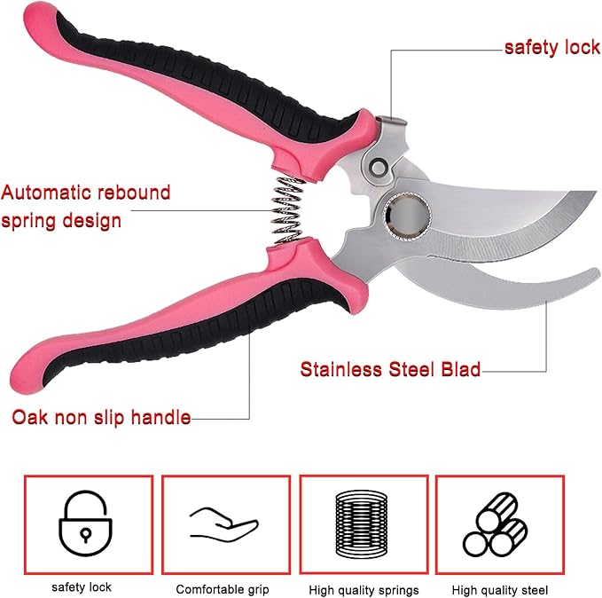 Pruning Shears Gardening Scissors Tools: 3pcs Outdoors&Indoor Garden Clippers, Rose Snips, Plant Clippers, Wood Pruner, Gardener Work Accessories for Flower Arrangement, Yard Landscaping (Pink)