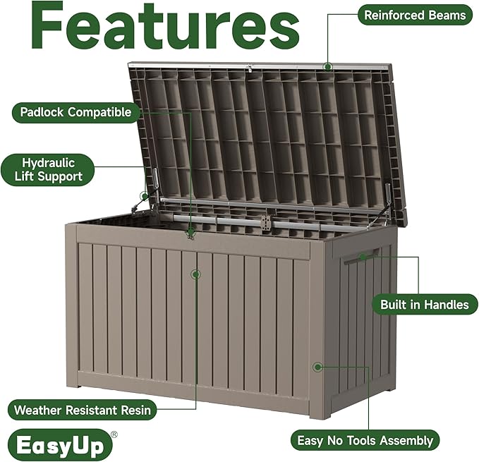 EasyUp 260 Gallon Deck Box Waterproof, UV Resistant Resin Outdoor Storage Box with Hydraulic Rod, Lockable Design and Enhanced Durability for Patio, Garden, and Poolside Use