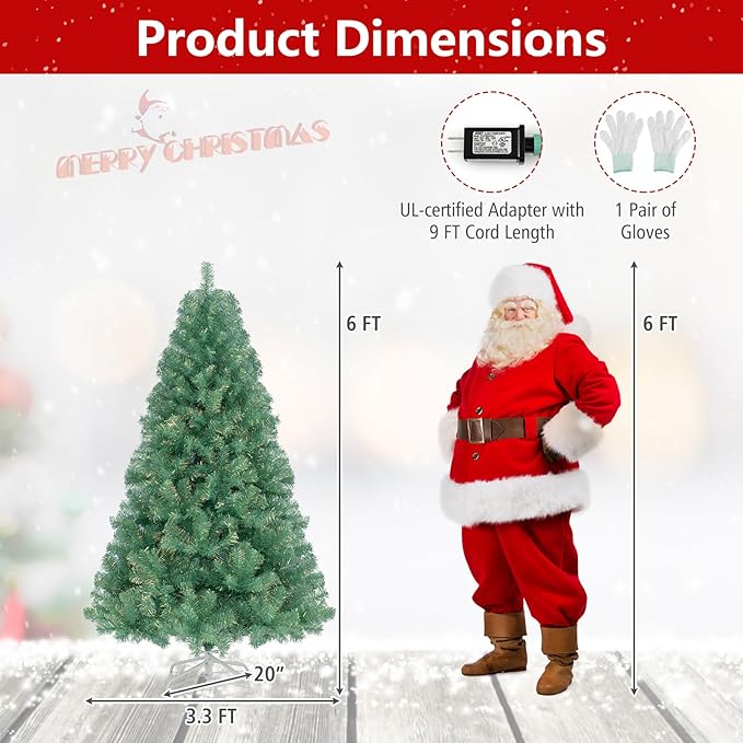 Goplus 6 FT Pre-Lit Tinsel Christmas Tree, Artificial Hinged Xmas Tree with 250 Warm White LED Lights, 8 Modes, 688 Lush Branch Tips, Metal Stand, Home Office Seasonal Holiday Decoration, Green