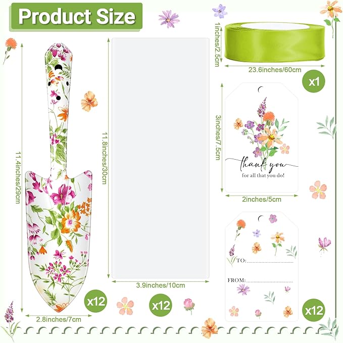 Capoda 12 Sets Floral Garden Shovels Bulk Gardening Gift for Women Mini Garden Tools Heavy Duty Floral Hand Trowels Thank You Cards with Gift Bags for Mom Birthday Teacher Employee(Green,Classic)