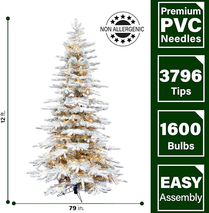 Fraser Hill Farm Pine Valley Flocked Christmas Tree, 12 Feet Tall, Large Flocked Xmas Tree with White Incandescent Smart Lights, Easy to Connect and Set up