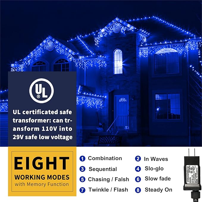XTF2015 105ft 300 LED Christmas String Lights, End to End Plug 8 Modes Christmas Lights UL Certified Outdoor Indoor Fairy Light Christma s Tree, Patio, Garden, Party, Wedding, Holiday (Blue)