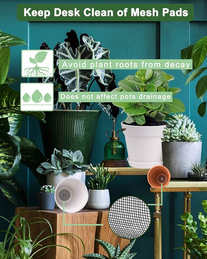 vensovo 100 Pcs Bonsai Pot Bottom Grid Mat Mesh Pad - 2 Inch Plant Pot Screen Gasket with Hot Melt Edge, Rounds Drainage Hole Keep Soil from Flowing Away