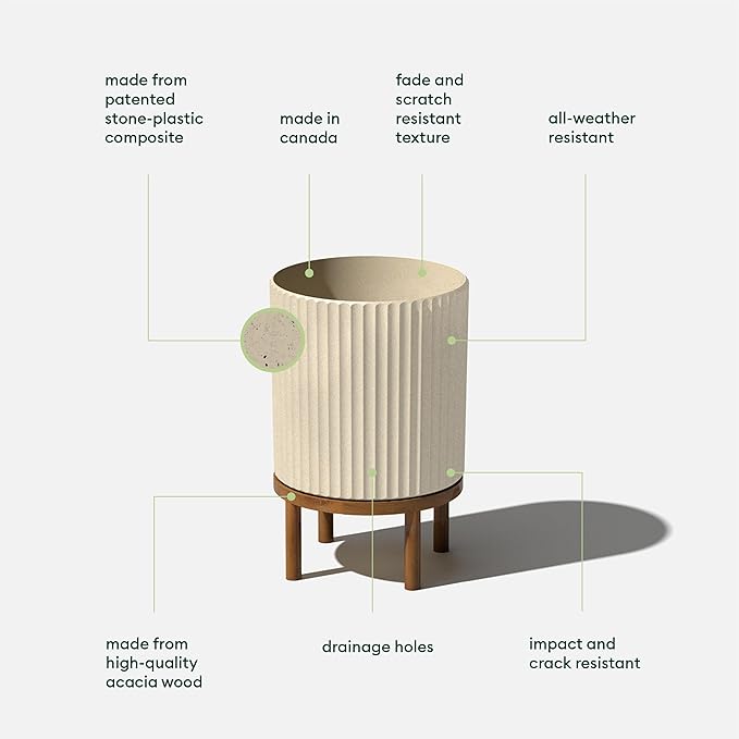 Veradek Demi Series Round Planter w/ Stand for Porch/Patio | Durable Plastic-Concrete & Wooden Stand | Modern Décor for Tall Plants, Flowers