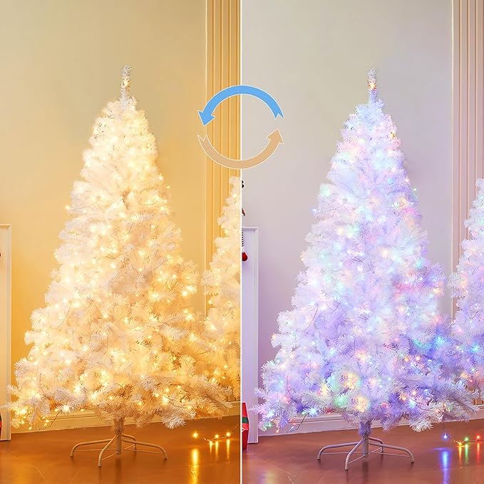 Juegoal 6 FT Artificial Christmas Tree (NOT Pre-Strung) with Remote Control, 300 LED Warm White & Multicolor Changing Lights, Fake Xmas Pine Tree with Metal Legs, 850 Branch Tips, White