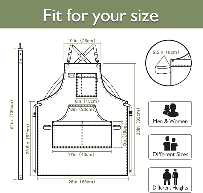 5 Pack Kitchen Apron, Work Apron, Canvas, Multiple Pockets, Gardening, Painting, BBQ, Artist, Carpenter, Sizes M to XXL, Olive
