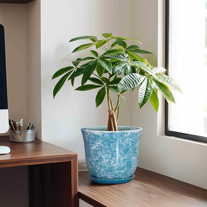 8 Inch Plant Pot - Ceramic Planter with Drainage Hole and Saucer, Round Planter for Indoor Outdoor, Modern Planter, Decorative Flower Pot, Apartment Garden Home Decor, Gardening Gifts, Blue