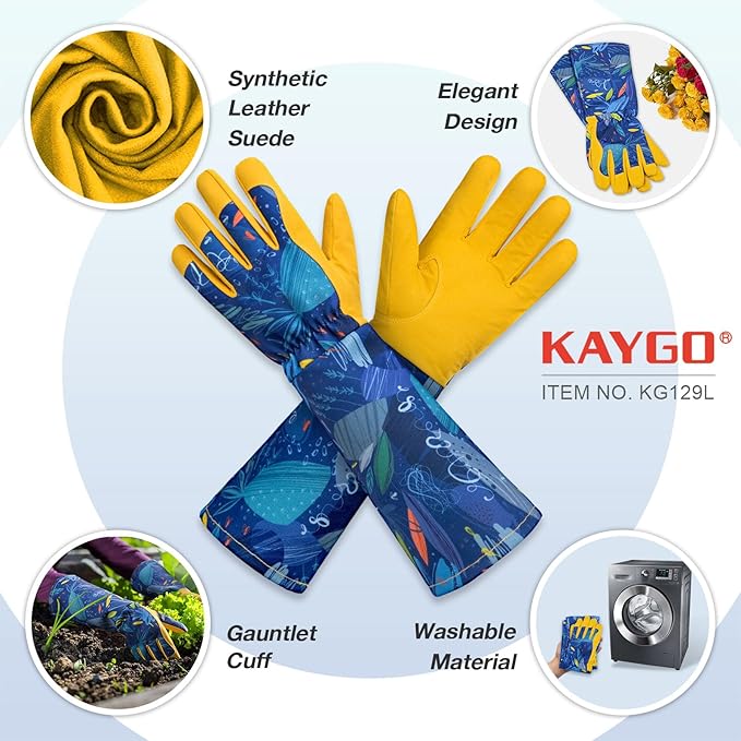 KAYGO Gardening Gloves for Women Long Sleeve, Light Protective Gloves for Yard and Outdoor Work, Best Garden Gifts for Gardener,Yellow,Medium